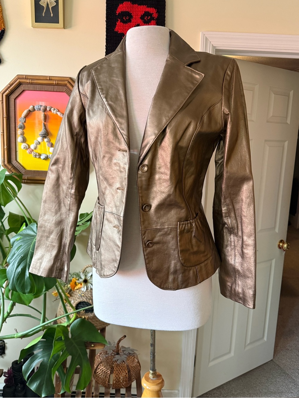 NWT 90’s Y2K Vintage Dialogue Bronze Genuine Leather Blazer Jacket